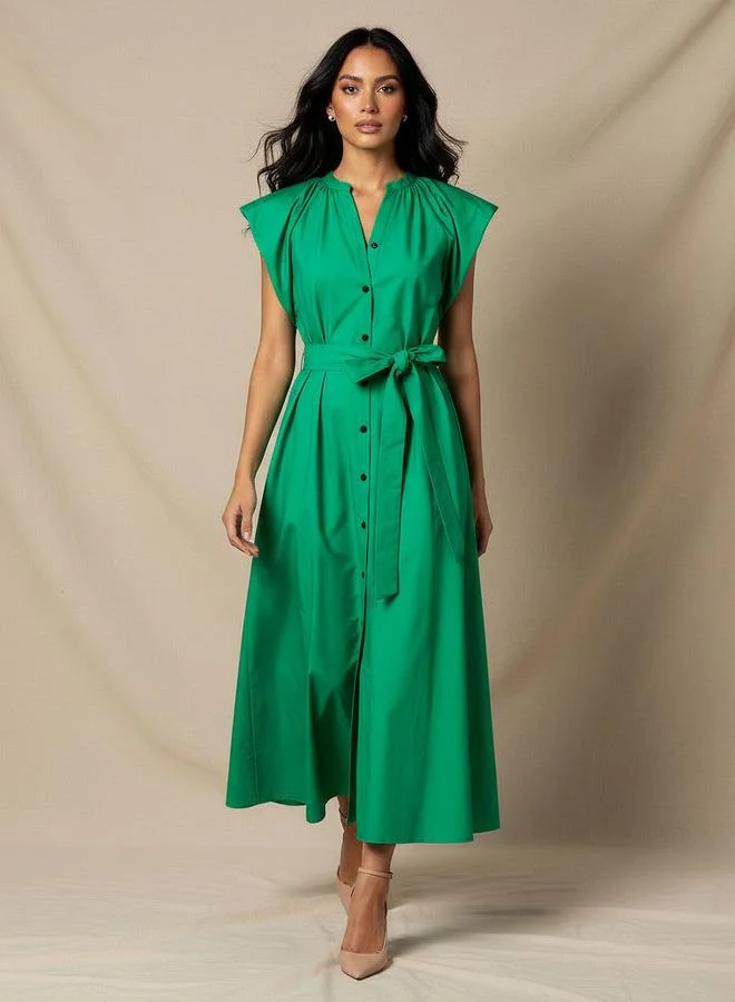ايكونيك Iconic Plain A-line Women Dress with Tie-Up Belt